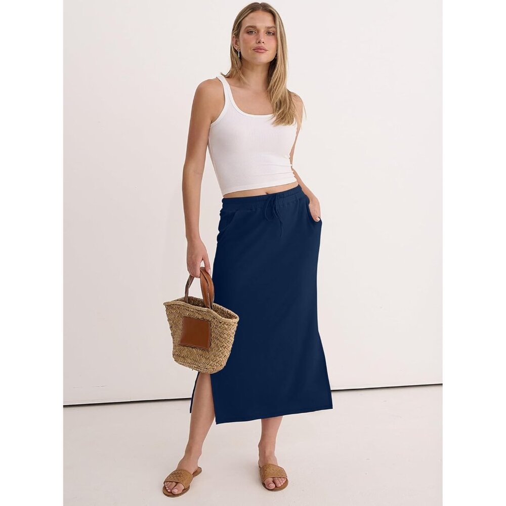 Women's Navy Blue Drawstring Side Slit Spring Casual Pencil Pockets Maxi Skirt - Picture 3 of 6